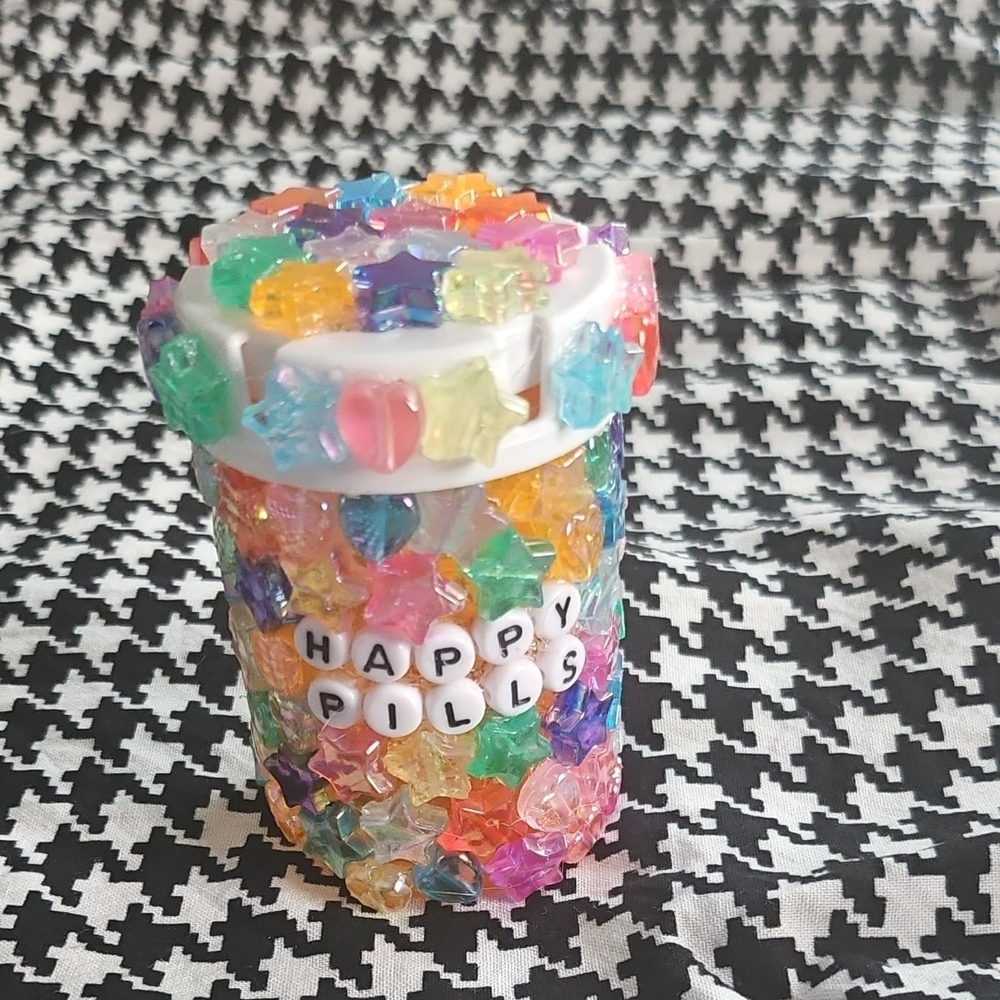 Colorful Star Decorated Happy Pills Jar